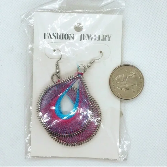 Bohemian Drop Earrings NWT Pink Blue Silver - Picture 3 of 3